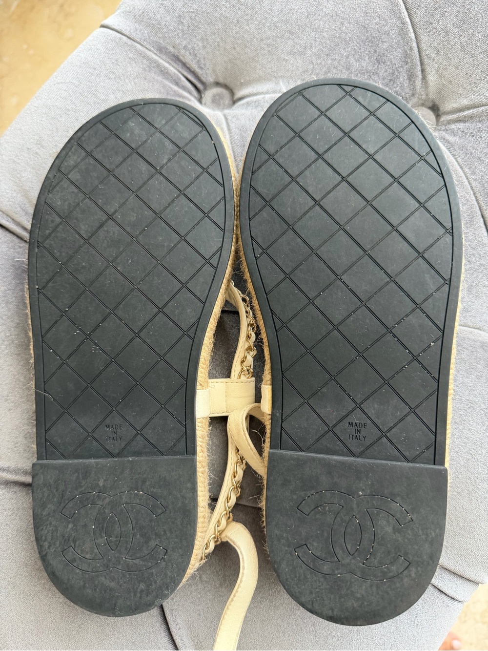CHANEL Cream Quilted Leather Chain Thong Espadrille Sandals - Picture 5 of 5
